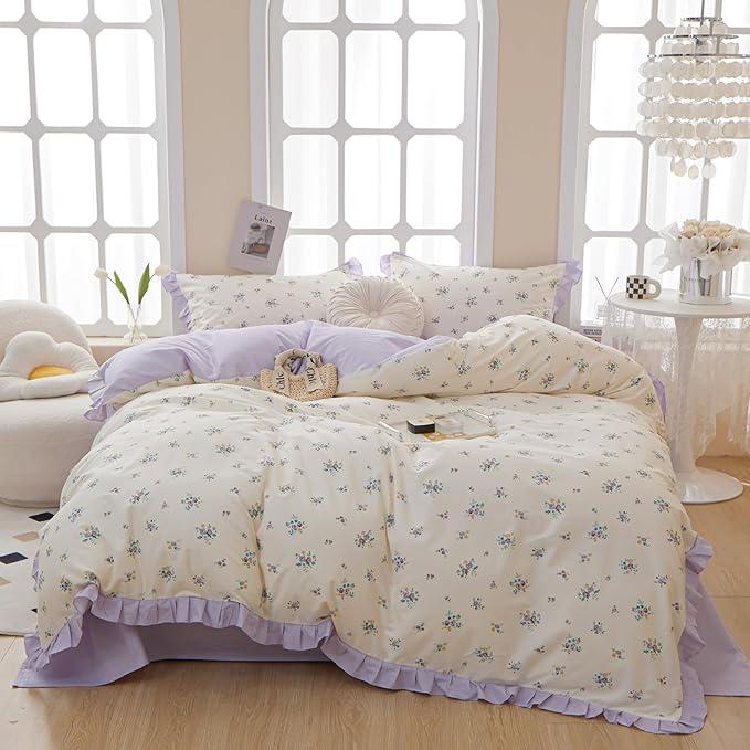 VM VOUGEMARKET Twin XL Comforter Set Twin,Garden Botanical Lavender Flower Bedding Set,Lace Ruffle Comforter and 2 Pillow Shams for Girls Women(3pcs,Twin XL)