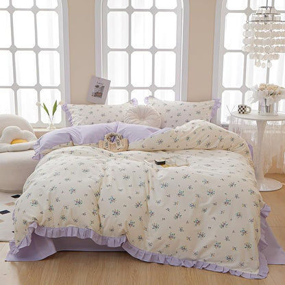 VM VOUGEMARKET Twin XL Comforter Set Twin,Garden Botanical Lavender Flower Bedding Set,Lace Ruffle Comforter and 2 Pillow Shams for Girls Women(3pcs,Twin XL)