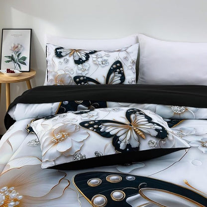 A Nice Night 6pcs Bed in A Bag Black and Glod Dreamy 3D Butterfly Printed, with Pearl Flower Design Butterflies Bedding Twin Comforter Set, for Girls Kids Teens