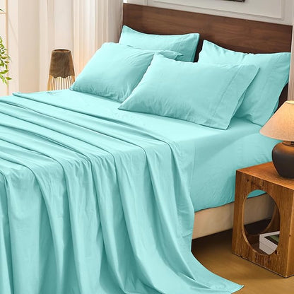 Bedlifes 100% French Flax Linen Sheets Set California King Size-6 Piece Extra Deep Pocket 18-24",Soft Breathable Cal King Bed Sheets with Temperature Regulating & Moisture-Wicking(Teal