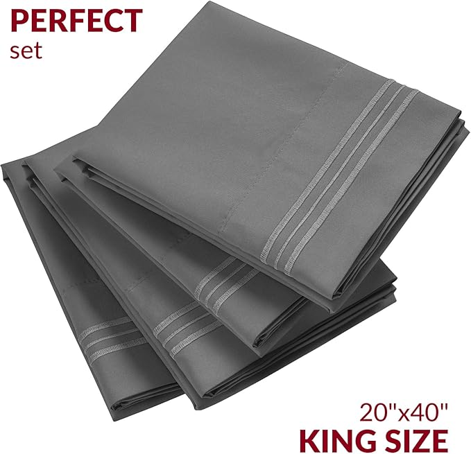 Mellanni Pillow Cases Set - 4 PC Iconic Collection Pillowcases - Hotel Luxury, Extra Soft, Cooling Pillow Covers - Wrinkle, Fade, Stain Resistant (King Size 20" x 40", Gray)