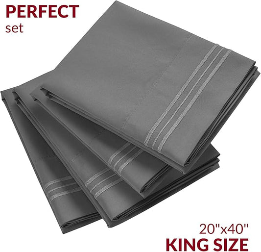 Mellanni Pillow Cases Set - 4 PC Iconic Collection Pillowcases - Hotel Luxury, Extra Soft, Cooling Pillow Covers - Wrinkle, Fade, Stain Resistant (King Size 20" x 40", Gray)