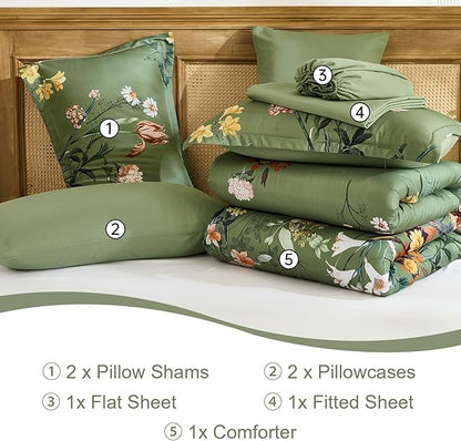 WONGS BEDDING Green Floral Comforter Set King, 7 Piece Bed in a Bag Bedding Set with Botanical Flowers Patterns, Soft Lightweight Complete Comforters with Sheets for All Season
