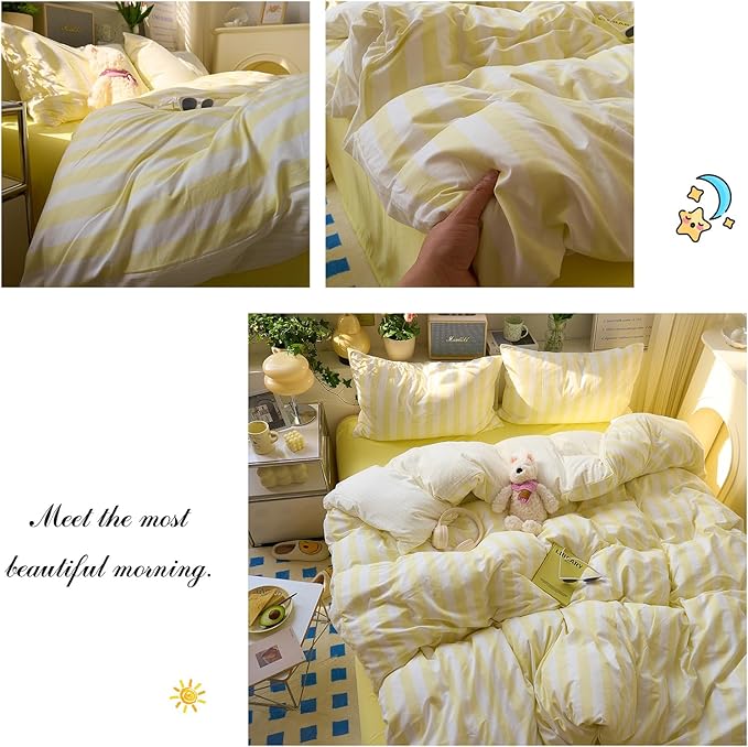 Yellow Striped Twin Size Duvet Cover Cute Soft Comforter Cover Twin Boho Chic Washed Microfiber Farmhouse Duvet Cover Set with Corner Ties College Dorm Bedding Set for Girls Duvet Protector