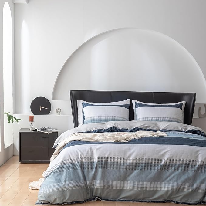 EAVD Cotton Duvet Cover Full Size White Grey Blue Striped Bedding Set with 2 Pillowcases Modern Geometric Striped Duvet Cover with Zipper Closure