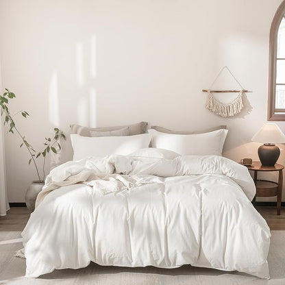 Linen Feel Duvet Cover Twin Size 90inch x 68inch,100% Washed Cotton Duvet Cover with Zipper Closure and One Pillowcases, Color of Off White