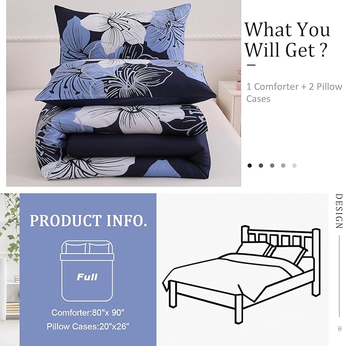 Menghomeus Full Comforter Set Navy Blue Floral Bedding Comforter Sets - Soft Microfiber Bed Comforter Set for All Season 3 Piece Botanical Flowers Comforter, Pillowcases