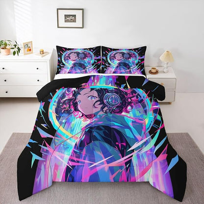 Erosebridal 3D Anime Girl Bedding Comforter Sets American Street Culture Comforter Set Queen for Teens Youth Girls Watercolor Graffiti Style Bedding Galaxy Stars Print Duvet Set with 2 Pillow Cases