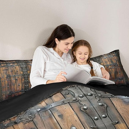 Medieval Themed Comforter/Duvet Set,Castle Knight Wall Ultra Soft Bed Collection,Retro Wooden Board Bedding for Room Decor 3 Pcs,Microfiber Breathable,King