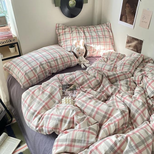 EAVD Vintage Style Plaid Duvet Cover Twin Grey Pink Grid Soft 100% Washed Cotton Reversible Bedding Set Farmhouse Grid Checkered Bedding Set with 2 Pillowcases Modern Gingham Duvet Cover with Zipper