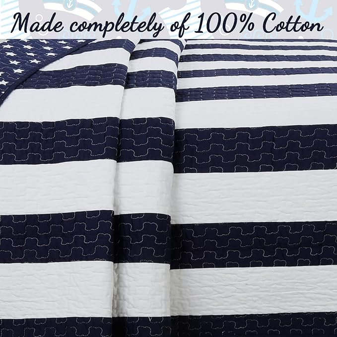 Cozy Line Home Fashions Sailor Popeye 's Bedding Quilt Set, Nautical Navy Blue White Star Striped 100% Cotton Reversible Coverlet Bedspread for Kids Boy (Sailor Star, Queen - 3 Piece)
