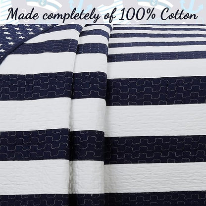 Cozy Line Home Fashions Sailor Popeye 's Bedding Quilt Set, Nautical Navy Blue White Star Striped 100% Cotton Reversible Coverlet Bedspread for Kids Boy (Sailor Star, Queen - 3 Piece)