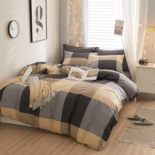 EAVD Vintage Style Brown&Black Buffalo Plaid Comforter Set Queen Boy Men Fluffy Retro Checkered Plaid Bedding Comforter with 2 Pillowcases Farmhouse Geometric Bedding Set for All-Season
