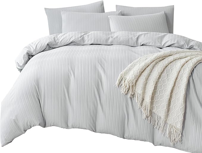 Light Grey Comforter Set King Soft Luxury Washed Microfiber Jacquard 3 Pieces Bedding Set, Grey Vertical Ticking Stripes Pattern Comforter with 2 Pillowcases Breathable Durable Comfy
