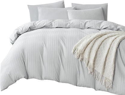 Light Grey Comforter Set King Soft Luxury Washed Microfiber Jacquard 3 Pieces Bedding Set, Grey Vertical Ticking Stripes Pattern Comforter with 2 Pillowcases Breathable Durable Comfy