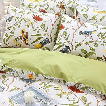 WINLIFE 100% Cotton Pillowcases Queen 2 Pillow Cases Decorative Farmhouse Green Leaves Birds Printed Pillow Cover Set of 2 (Queen 20x30'', Birds)