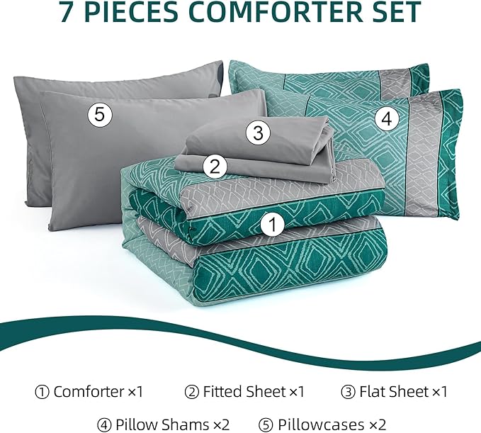 Dinjoy Queen Comforter Set Boho, Soft Teal Striped 7 Piece Bed in a Bag Queen Size Warm Blue Green Bedding Sets Plaid Comforters Bed Set with Sheets for Family Fall Winter