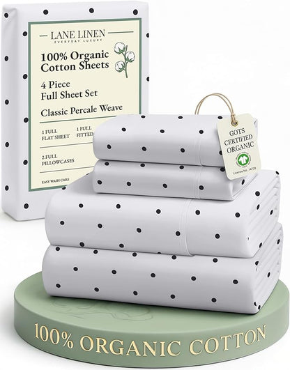 LANE LINEN 100% Organic Cotton Full Sheets Set, Percale Fully Elasticized Mercerized Soft & Comfy Machine Washable Printed Cotton Sheet Set, Eco Friendly Printed Full Size Bedding- Polka Dot