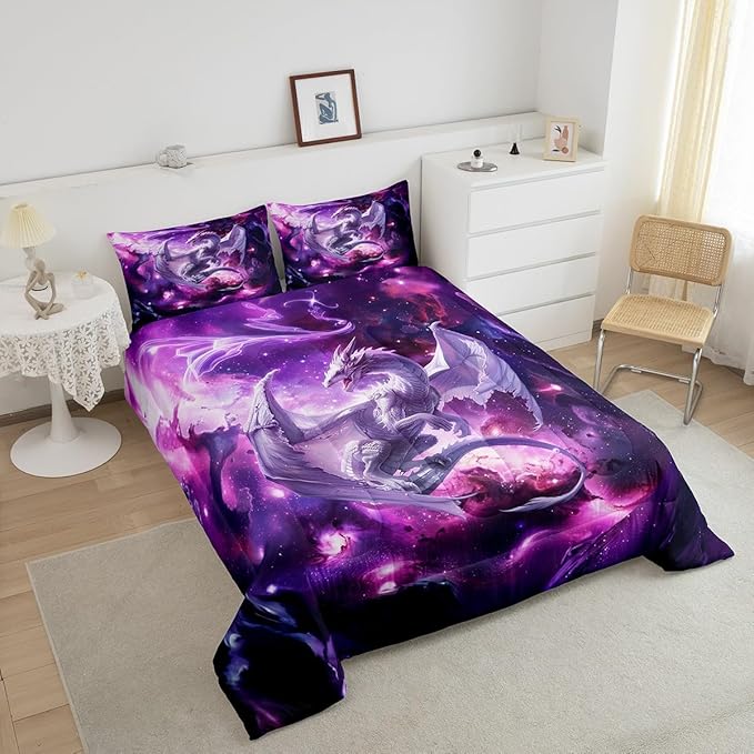 Dragon Galaxy Bedding Set Full Size,Western Magical Wildlife Comforter Set for Kids Boys Teens Adults Room Decor,Outer Space Animal Duvet Insert 3Pcs,Star Glitter Fantasy Quilt Set,2 Pillowcases