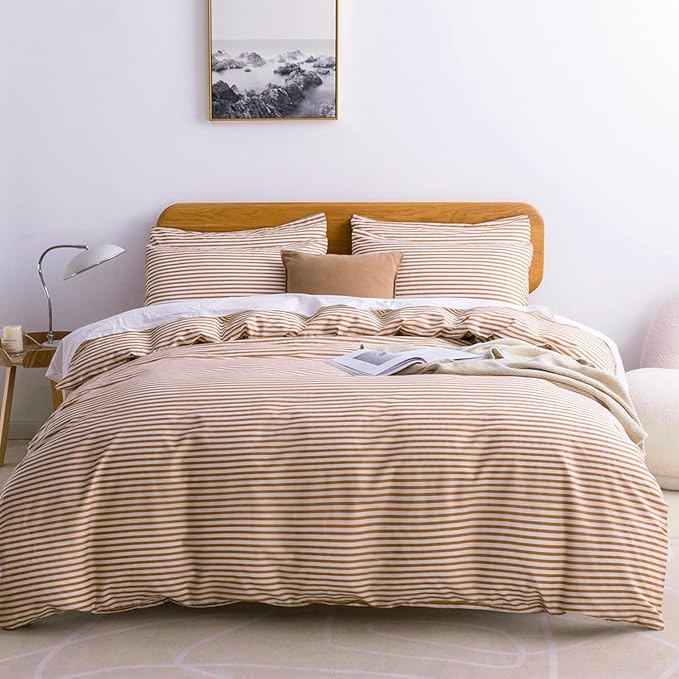 JELLYMONI Queen Duvet Cover Set, Cotton Duvet Cover 3 Pieces with Zipper Closure, 1 Duvet Cover and 2 Pillowcase s(White with Rust Striped)