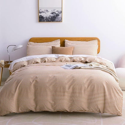 JELLYMONI Queen Duvet Cover Set, Cotton Duvet Cover 3 Pieces with Zipper Closure, 1 Duvet Cover and 2 Pillowcase s(White with Rust Striped)