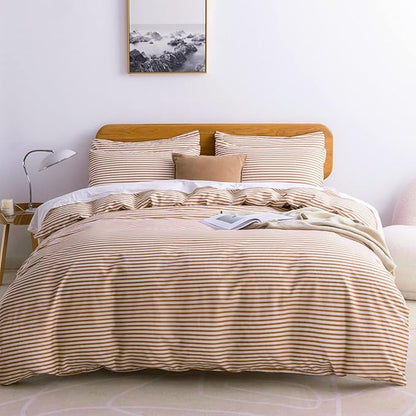 JELLYMONI Full Duvet Cover Set, Cotton Duvet Cover 3 Pieces with Zipper Closure, 1 Duvet Cover and 2 Pillowcases(White with Rust Striped)