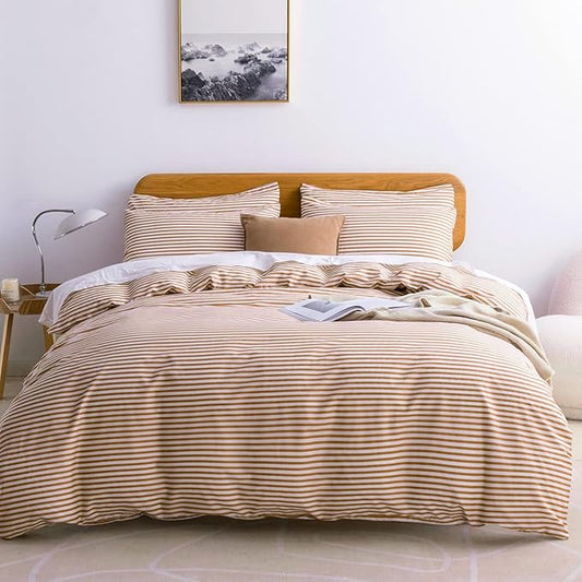 JELLYMONI Full Duvet Cover Set, Cotton Duvet Cover 3 Pieces with Zipper Closure, 1 Duvet Cover and 2 Pillowcases(White with Rust Striped)