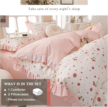 VM VOUGEMARKET Strawberry Comforter Set Twin,Cute Ruffle Comforter with 2 Pillowcases Fluffy Reversible Kids Girls Bedding Comforter Set for All Seasons(3pcs,Twin XL)