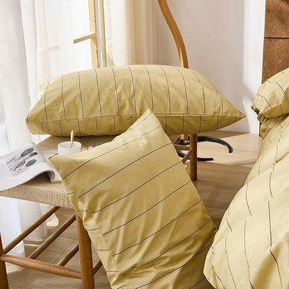 Merryword Yellow Striped Duvet Cover Set King Size, Natural Cotton Bedding Set with Zipper Closure & 8 Corner Ties, Soft Breathable Luxury Linen Like Bedding for All Seasons