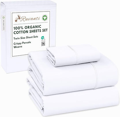 RUVANTI 100% Organic Cotton Sheets Twin Size, Percale Weave, GOTS Certified, 3-Piece Set, Deep Pocket 15", Crisp & Breathable, Soft Durable Bedding, Sábanas Algodón Orgánico – Bright White
