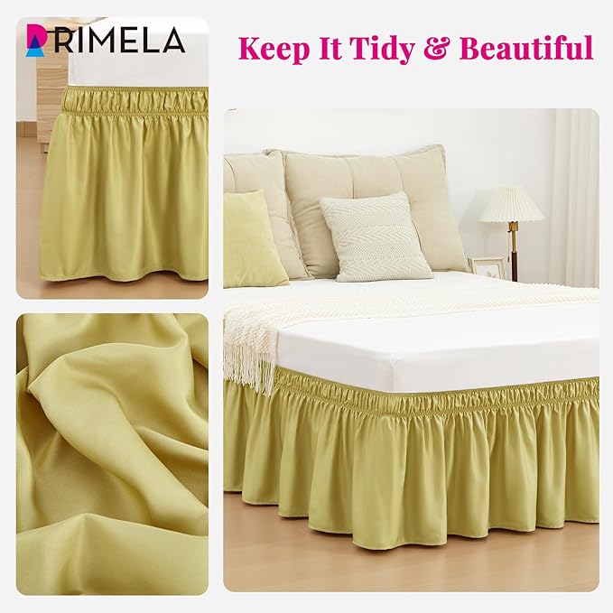 RIMELA Bed Skirt Queen Size Gold Green 15 Inch Drop, Wrap Around Elastic Bedskirt, Dust Ruffle for Adjustable Bed Base Soft Durable Fabric Machine Washable Easy to Install Bed Skirts
