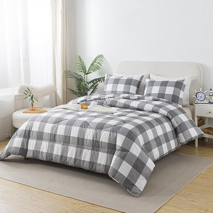 Caressma Full Size Plaid Comforter Set, White Gray Buffalo Check Plaid Comforter Bedding Set for All Seasons, Classic Gingham Pattern Print Soft Microfiber 3 Pieces Comforter with Pillowshams