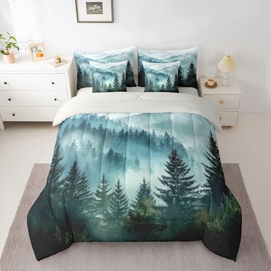 Erosebridal Foggy Mountain Queen Bed in A Bag 7 Piece Green Forest Pine Tree Comforter Set with Sheets Nature Misty Woodland Bedding Sets for Kids Adults,Flying Bird Bed Set