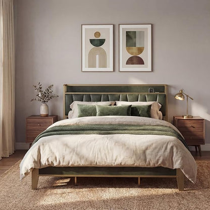 LIKIMIO California King Bed Frame, Storage Headboard with Charging Station, Solid and Stable, Noise Free, No Box Spring Needed, Easy Assembly (Dark Green)