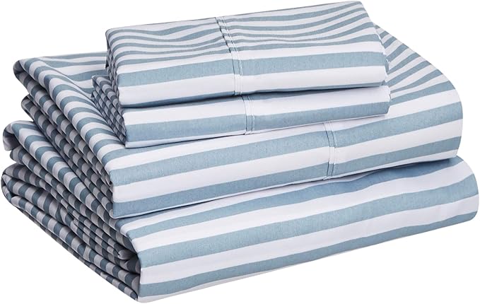 Amazon Basics Lightweight Breathable Super Soft Microfiber 4 Piece Bed Sheet Set, Wrinkle Resistant With 14-inch Deep Pockets - Queen, Dusty Blue Pinstripe, Printed