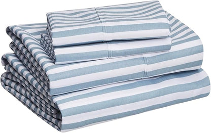 Amazon Basics Lightweight Breathable Super Soft Microfiber 4 Piece Bed Sheet Set, Wrinkle Resistant With 14-inch Deep Pockets - Queen, Dusty Blue Pinstripe, Printed