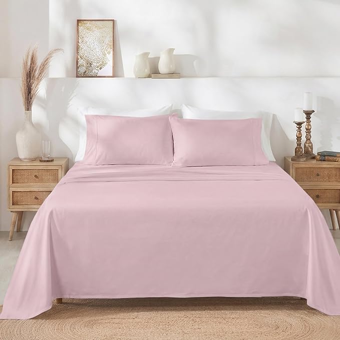 California Design Den Full Size Bed Sheets Set - Soft 400 Thread Count Sateen, Natural 100% Cotton Sheets with Deep Pockets, Breathable, and Durable Bedding Set - Pink