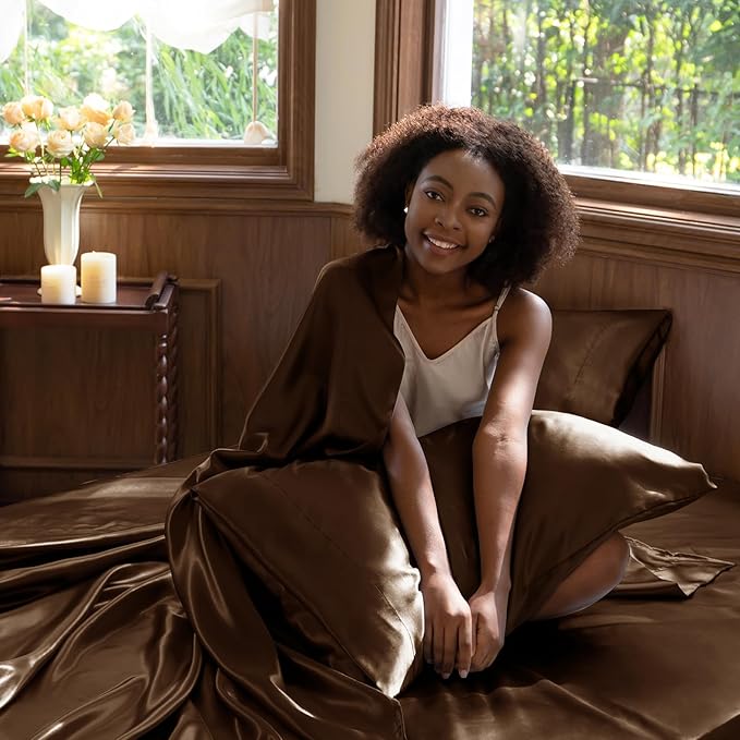 CozyLux Satin Sheets King Size Sheet Set - 4 Piece Silky King Sheets, Luxury Brown King Bed Set with Smooth and Soft Microfiber, Includes 1 Fitted Sheet, 1 Flat Sheet and 2 Pillowcases