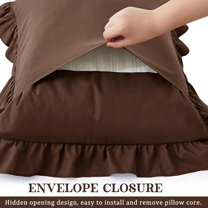 KKJIAF Ruffle Pillow Cases Standard Size Set of 2, Ruffled Pillow Covers with Envelope Closure, Wrinkle Resistant Ruffled Pillow Shams 20" x 26", Brown