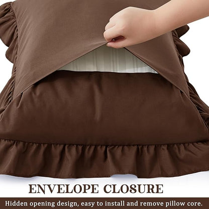 KKJIAF Ruffle Pillow Cases Queen Size Set of 2, Ruffled Pillow Covers with Envelope Closure, Wrinkle Resistant Ruffled Pillow Shams 20" x 30", Brown