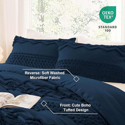 Luxudecor Navy Blue Boho Tufted Comforter Set Queen Size 3 Pieces Boho Shabby Chic Comforter Farmhouse Embroidery Bedding Set Soft Comforter for All Seasons (Navy Blue, 90''x90'')