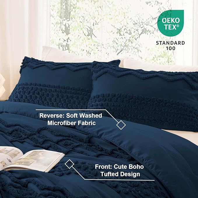 Luxudecor Navy Blue Boho Tufted Comforter Set King Size 3 Pieces Boho Shabby Chic Comforter Farmhouse Embroidery Bedding Set Soft Comforter for All Seasons (Navy Blue, 104''x90'')