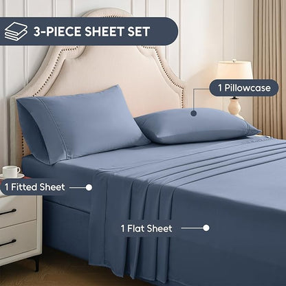 Twin Sheets Set, 3 Pieces Hotel Luxury Soft Microfiber Bed Sheets Set, Up to 16" Deep Pockets, Oeko-Tex Sheets with Elastic, Breathable, Wrinkle Free (Grey Blue, Twin)