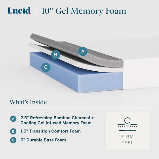 Lucid 10 Inch Memory Foam Mattress - Firm Feel - Infused with Refreshing Bamboo Charcoal and Cooling Gel - Bed in a Box - Temperature Regulating - Pressure Relief - Breathable - Twin XL Size
