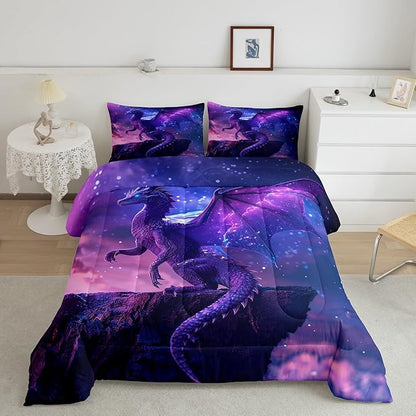 3D Purple Dragon Comforter Set King Size,Galaxy Nebula Starry Sky Fantasy Bedding Set for Kids Boys Girls Room Decor,Magical Wild Animal Duvet Insert 3Pcs,Modern Trippy Quilt Set,2 Pillowcases