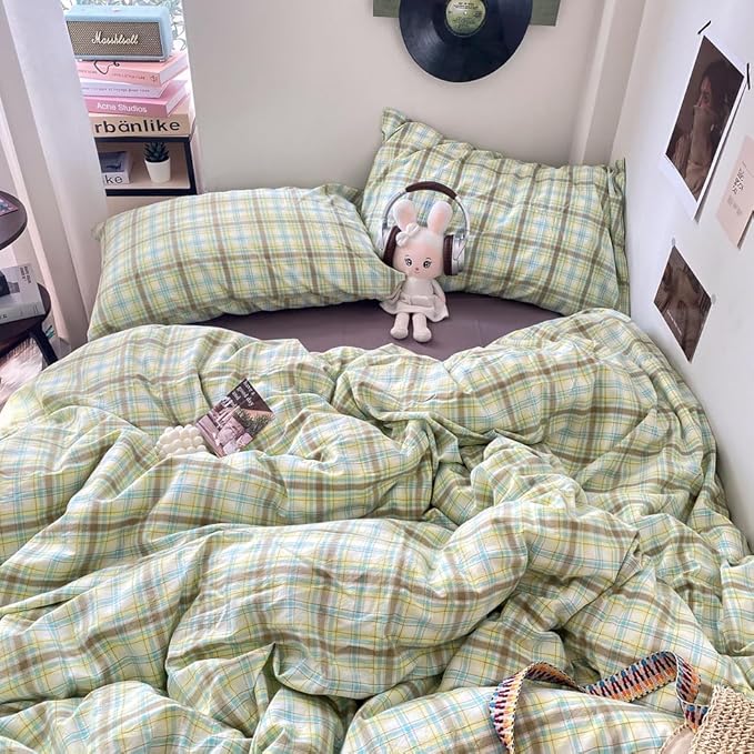 EAVD Multicolor Buffalo Plaid Duvet Cover Queen Soft 100% Washed Cotton Reversible Grid Checkered Plaid Bedding Set Vintage Gingham Duvet Cover with 2 Pillowcases Modern Checkered Bedding Set