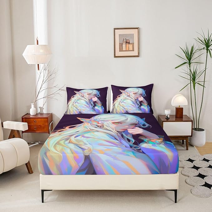 Anime Girl Bed Sheets 3D Japanese Bedding Set Kawaii Girly Fitted Sheet with Deep Pocket, Anime Lovers Gifts Fitted Bed Sheets Soft Lightweight Sheets for All Season, Full 3Pcs