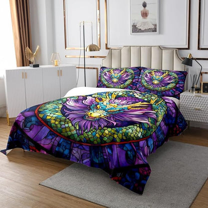 Chinese Dragon Kids Bedspread Twin Size,Dragon Scale Western Animals Coverlet Set,Boys Girls Room Decor,Geometric Patchwork Abstract Quilted Coverlet,Blue Purple Gothic Bedding Quilt,1 Pillowcase