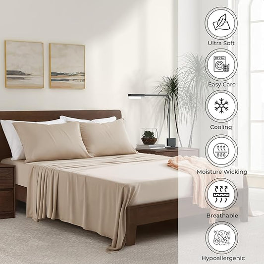 Split King Size Sheet Set | 2 Fitted Sheets for Sleep Number & Adjustable Beds | Organically Grown | Ultra Soft & Cooling |100% Viscose | 17" Deep Pocket [Dune]