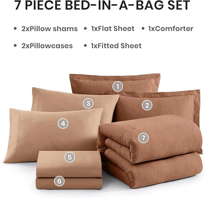 Monbix California King Comforter Set - 7 Pieces Cationic Dyeing Autumn Leaf Bed in a Bag Cal King Bed Sets with Comforter, Sheets, Pillowcases & Shams, Reversible Bedding Comforters Sets